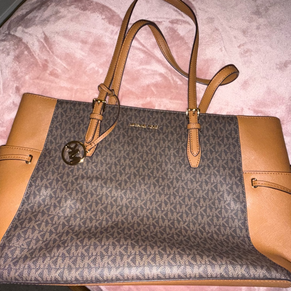Michael Kors Brown Logo Tote with Tan Leather Trim